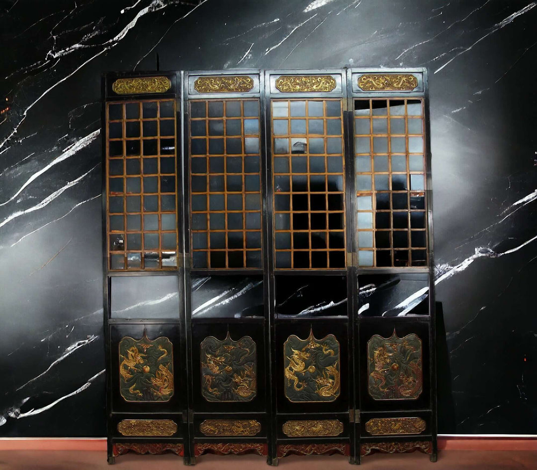 Antique Chinese Room Divider w Hand Carved & Gilded Dragons on Both Sides - Set of 4