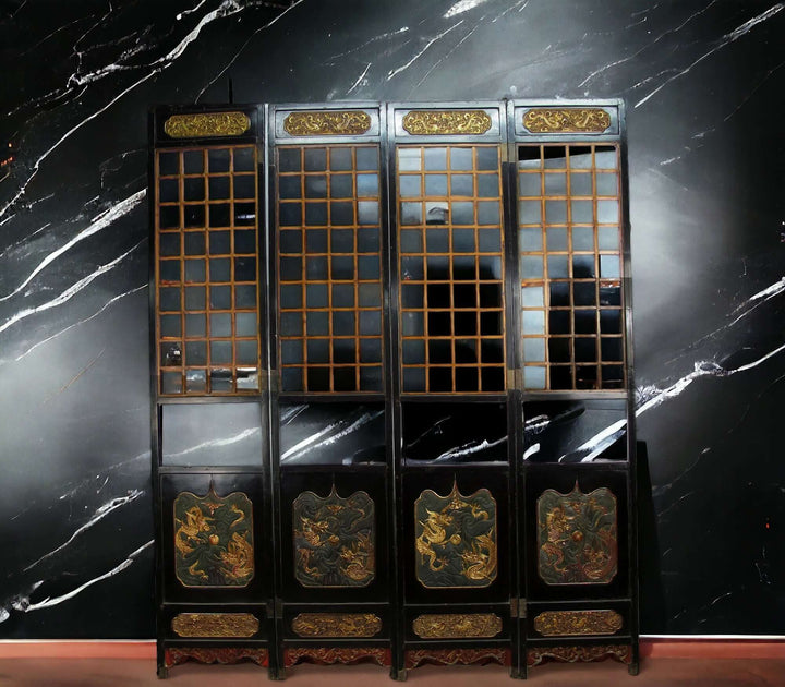 Antique Chinese Room Divider w Hand Carved & Gilded Dragons on Both Sides - Set of 4