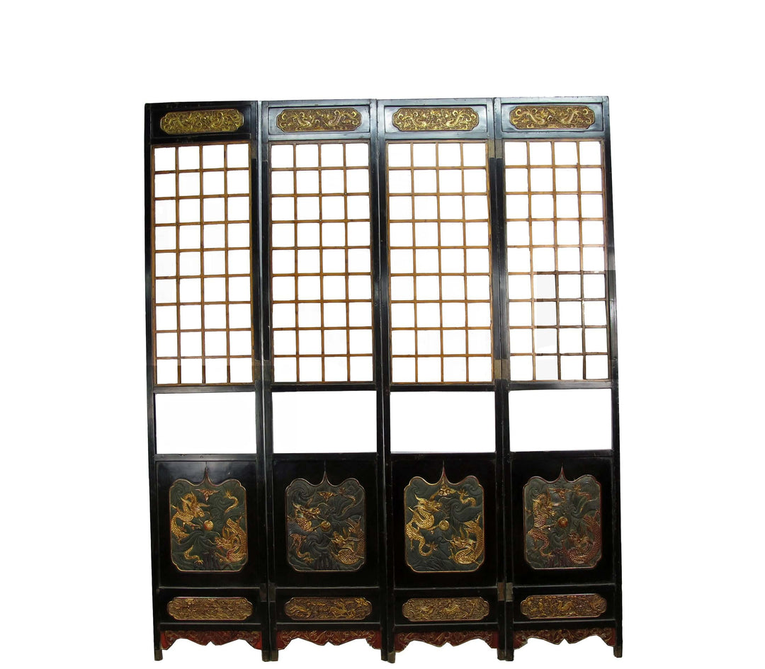 Antique Chinese Room Divider w Hand Carved & Gilded Dragons on Both Sides - Set of 4