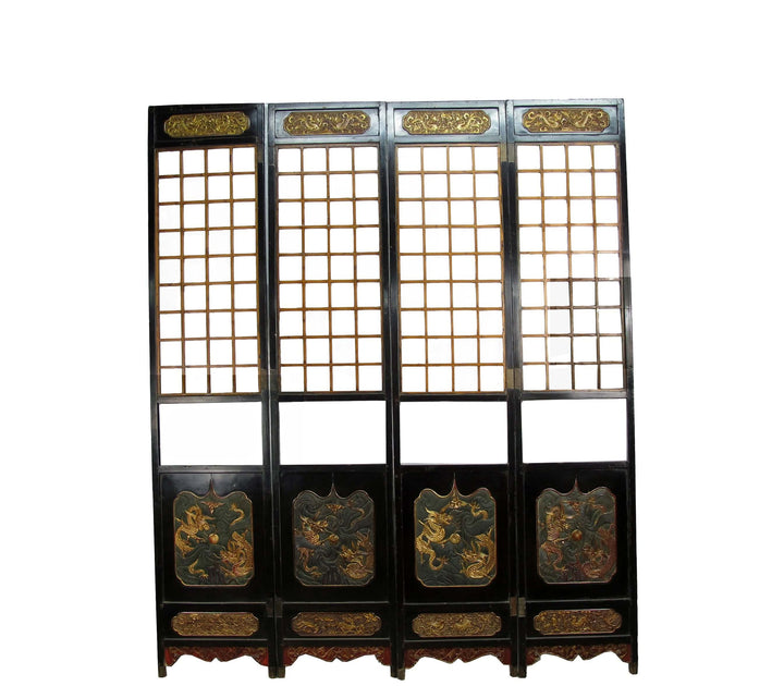 Antique Chinese Room Divider w Hand Carved & Gilded Dragons on Both Sides - Set of 4