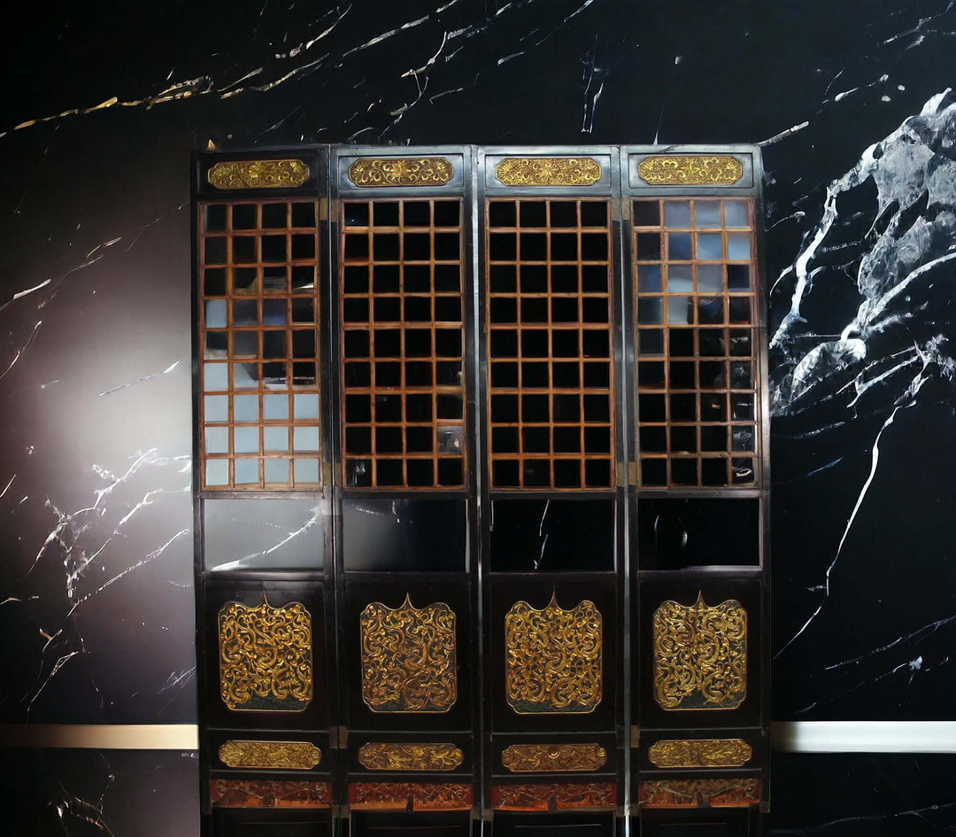 Antique Chinese Room Divider w Hand Carved & Gilded Dragons on Both Sides - Set of 4