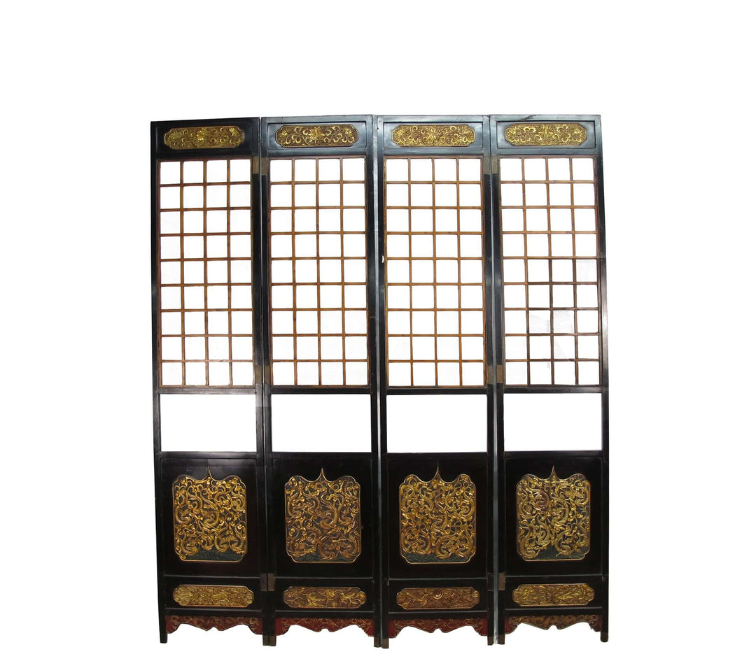 Antique Chinese Room Divider w Hand Carved & Gilded Dragons on Both Sides - Set of 4