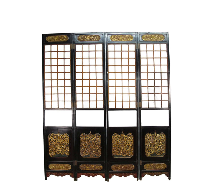 Antique Chinese Room Divider w Hand Carved & Gilded Dragons on Both Sides - Set of 4