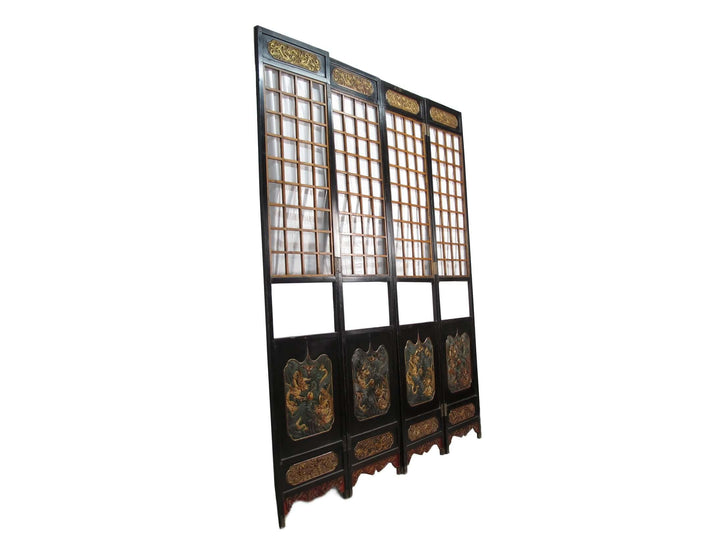 Antique Chinese Room Divider w Hand Carved & Gilded Dragons on Both Sides - Set of 4