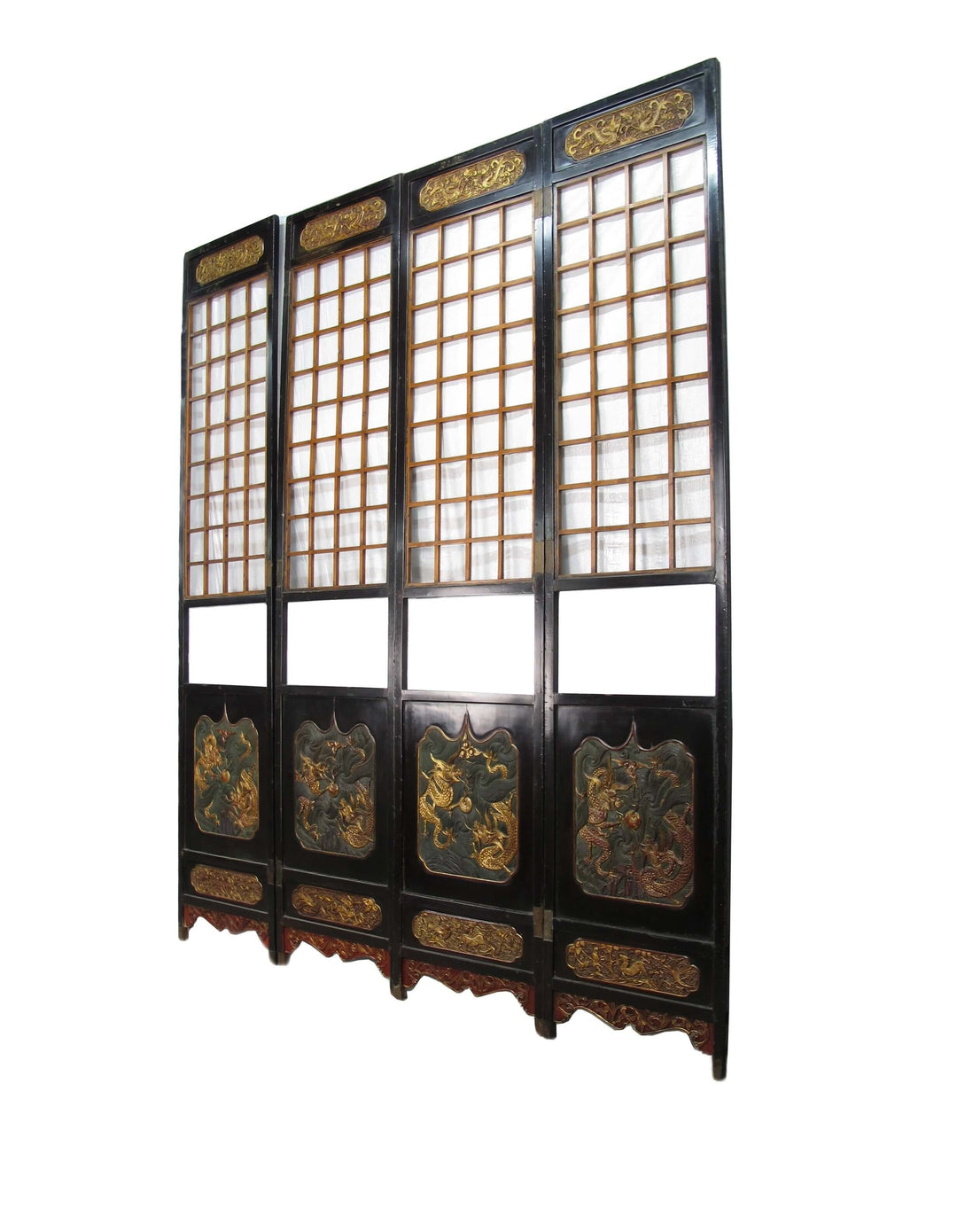 Antique Chinese Room Divider w Hand Carved & Gilded Dragons on Both Sides - Set of 4