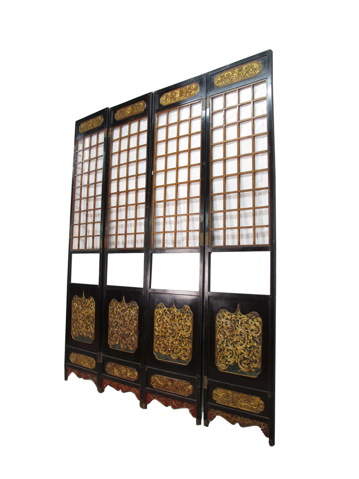 Antique Chinese Room Divider w Hand Carved & Gilded Dragons on Both Sides - Set of 4