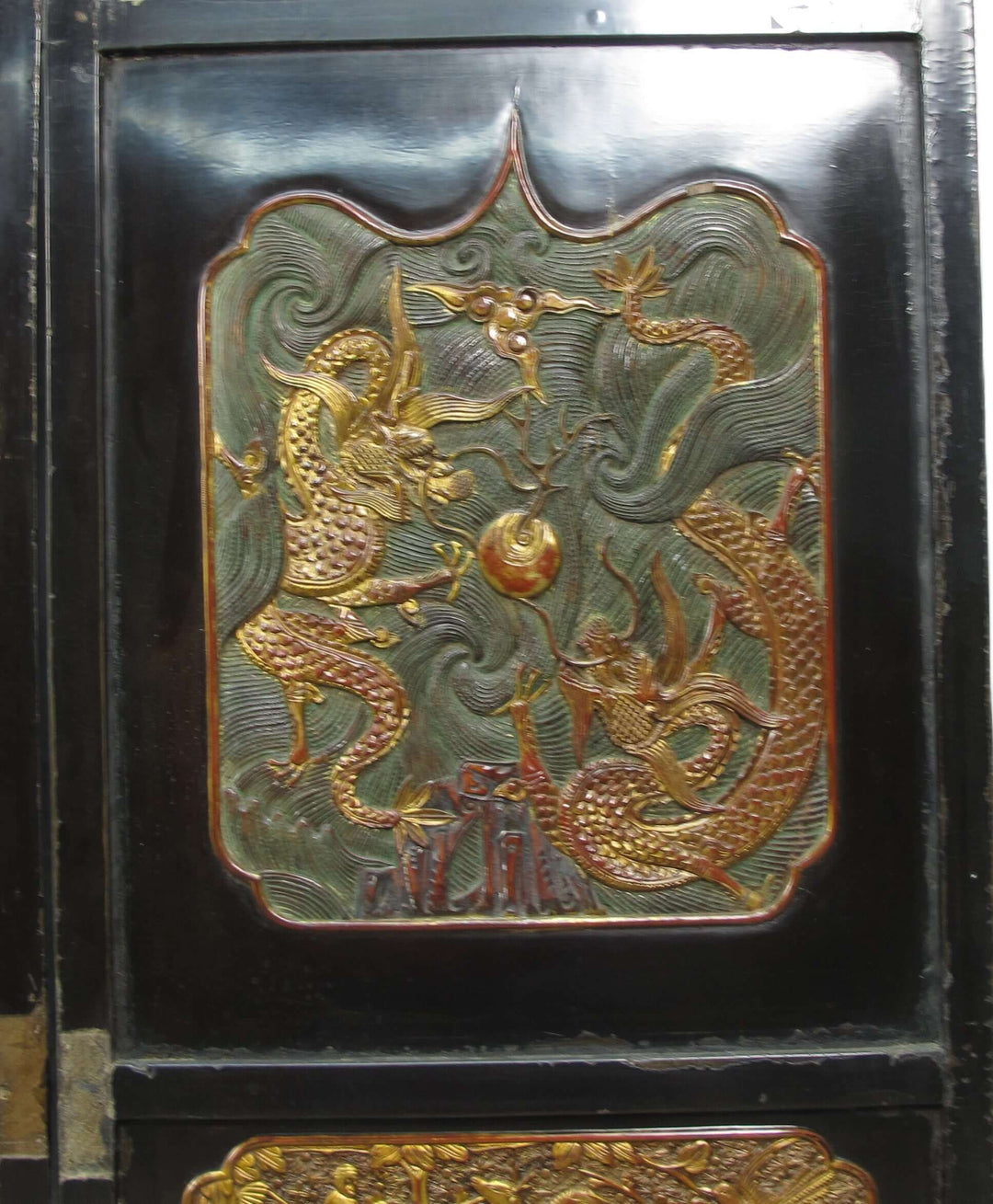 Antique Chinese Room Divider w Hand Carved & Gilded Dragons on Both Sides - Set of 4