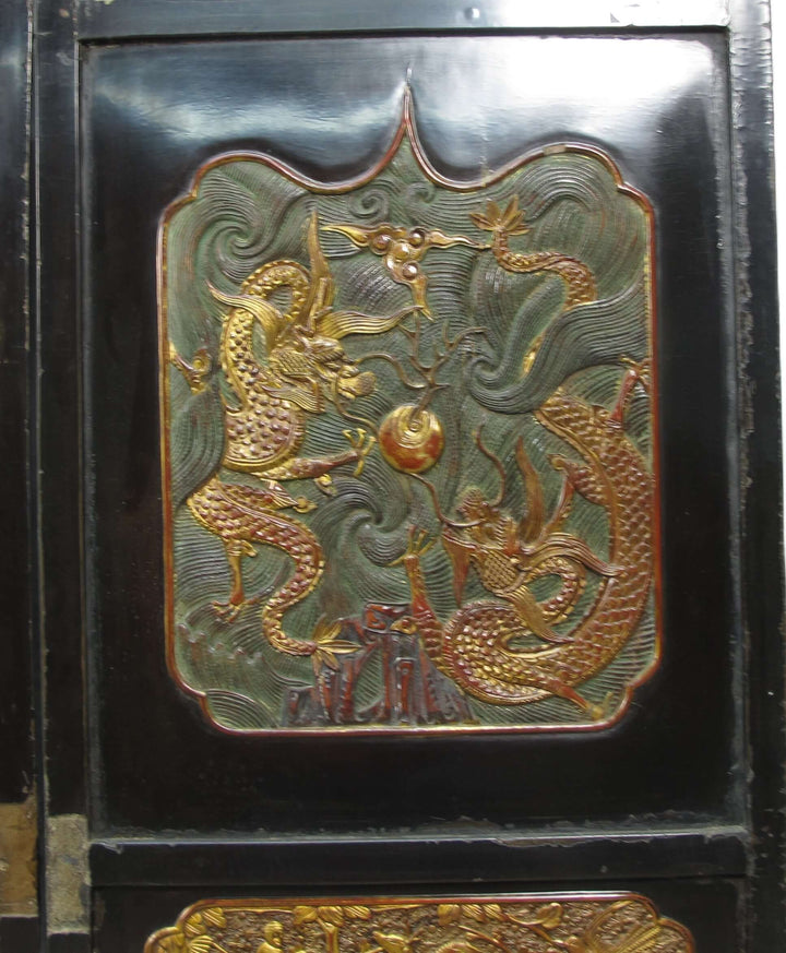 Antique Chinese Room Divider w Hand Carved & Gilded Dragons on Both Sides - Set of 4