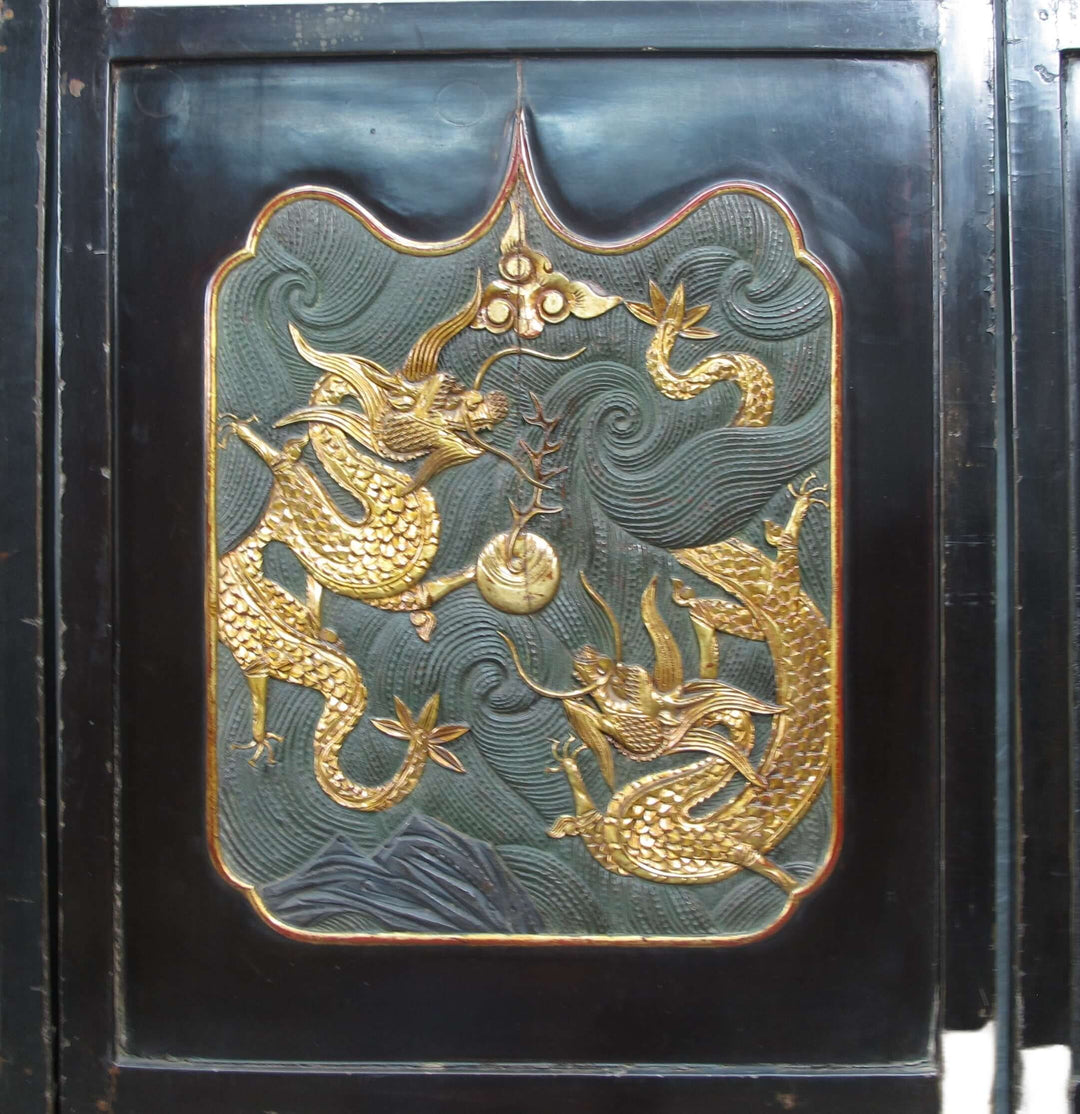 Antique Chinese Room Divider w Hand Carved & Gilded Dragons on Both Sides - Set of 4