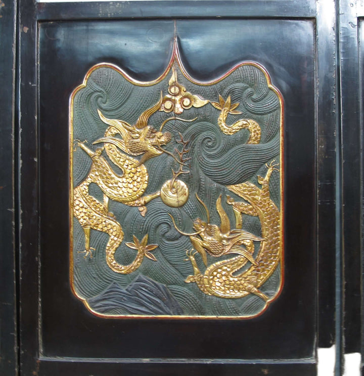 Antique Chinese Room Divider w Hand Carved & Gilded Dragons on Both Sides - Set of 4