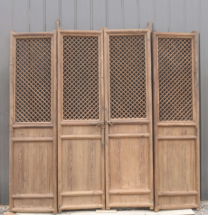 100" High Large Antique Chinese Screen Door- A set of 4 Lattice Screen Panels