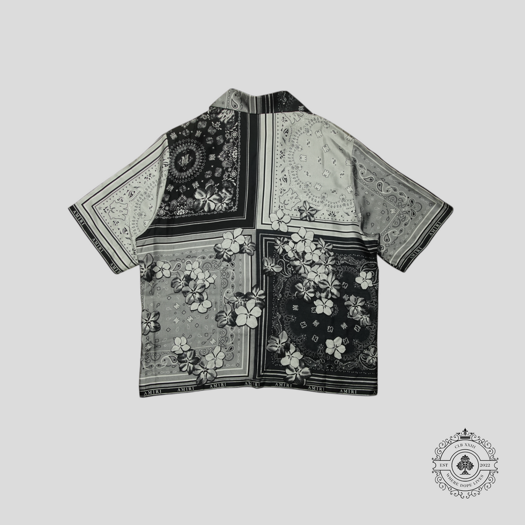 Amiri Bandana Floral Silk Button Up Bowling Shirt in Black/White