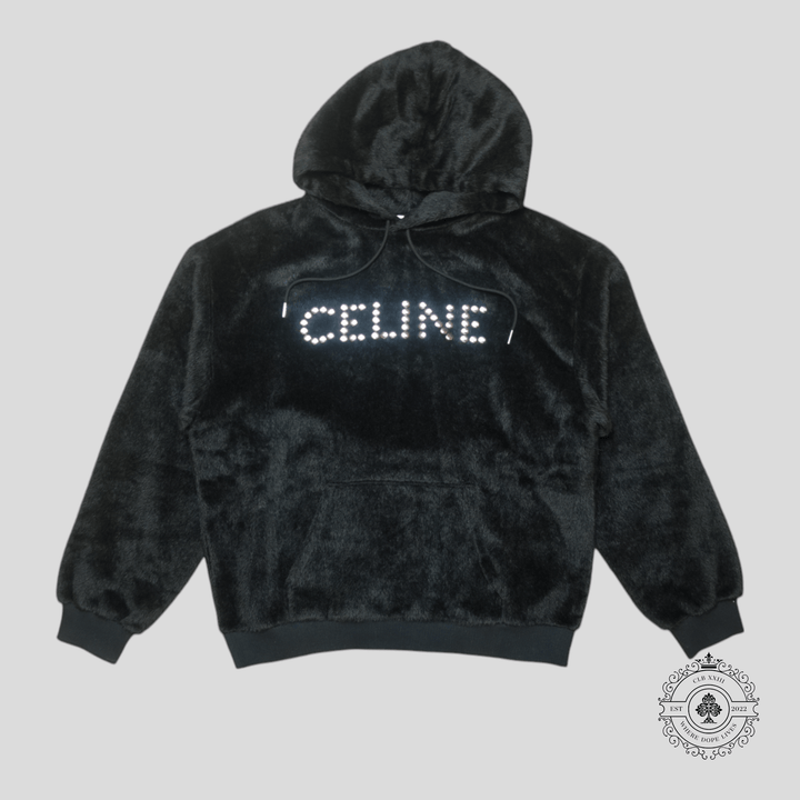 Celine Logo Studded Alpaca Wool Hoodie in Black