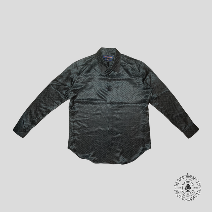Louis Vuitton Monogram Jacquard Long Sleeve Button Up Silk Shirt in Black