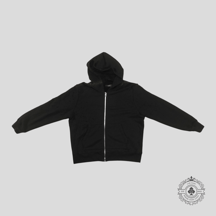 Amiri Shotgun Distressed Shoulder Bleached Zip Up Hoodie in Black