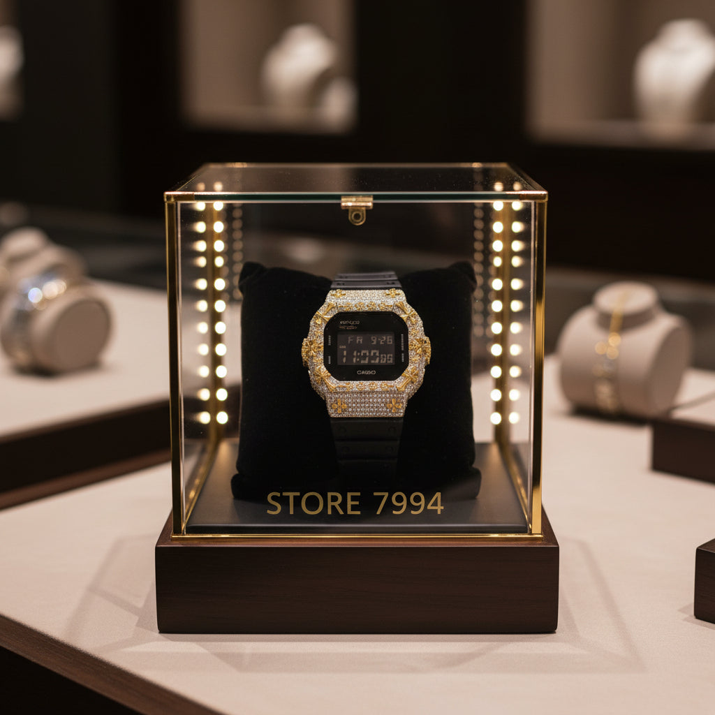 Digital watch with black strap and gold and white decorative elements on a white background