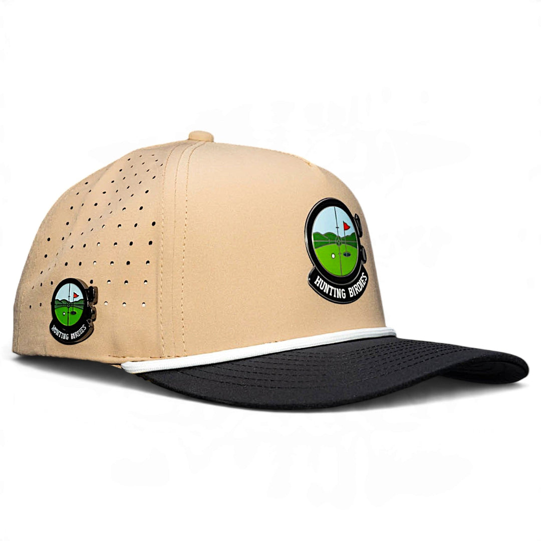 Hunting Birdies Golf Hat | Snapback Cap | Built-in Magnetic Ball Marker Holder + Marker Included | Adjustable Tan &amp; Black