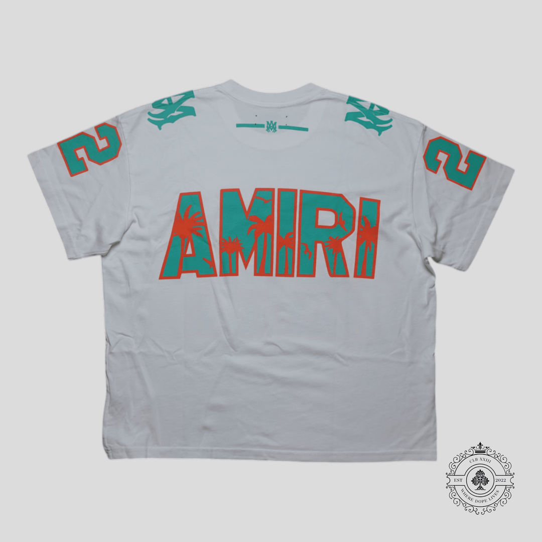 Amiri Palm Tree 22 Oversized Football T-Shirt in White/Mint Green/Orange