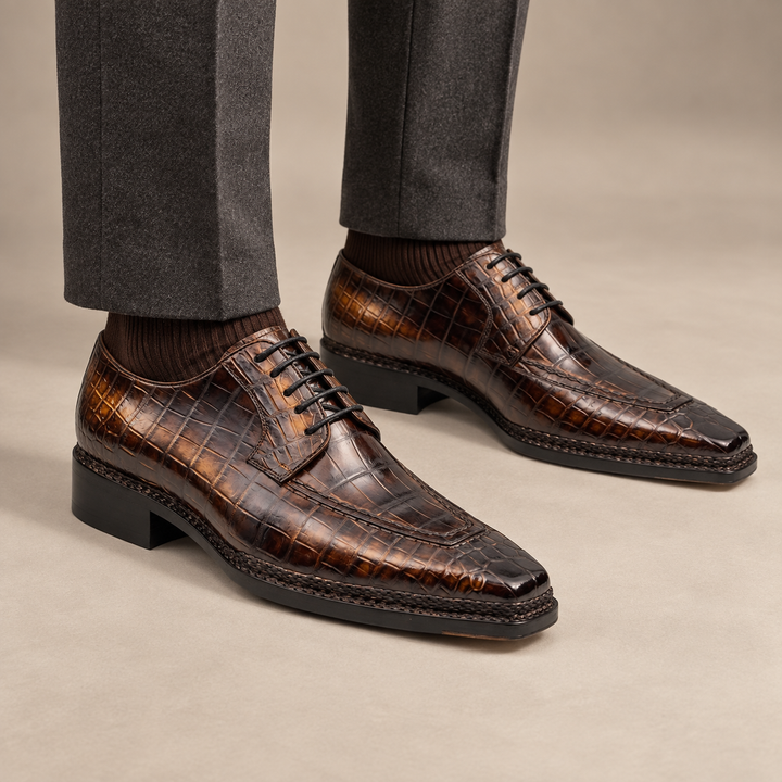 Dark Brown Apron-Toe Crocodile Leather Derby Shoes