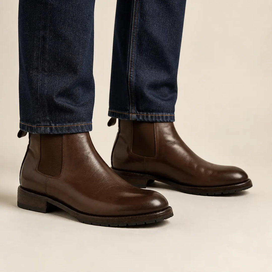 Brown Plain-Toe Cow Leather Chelsea Boots