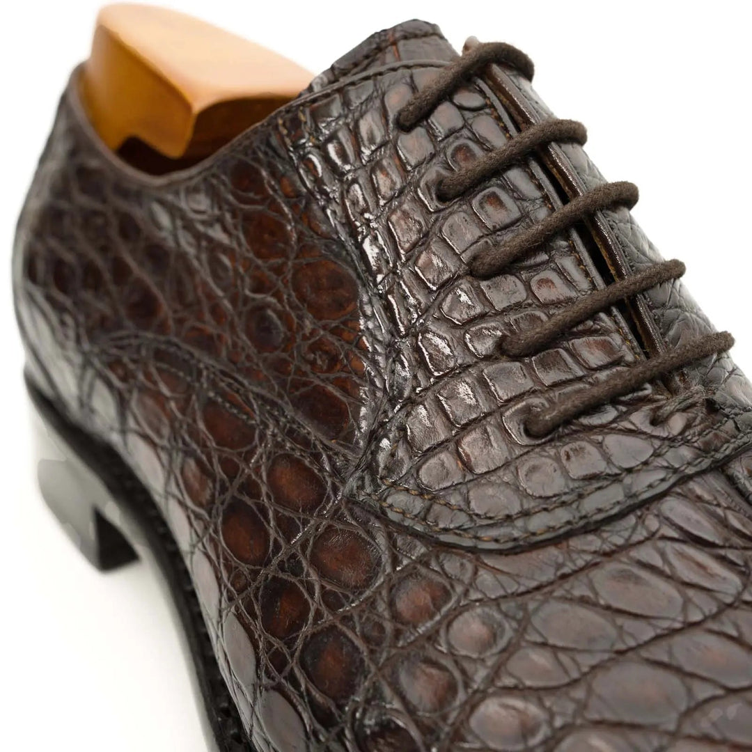 Dark Brown Textured Cap-Toe Oxford Shoe with Block Heel