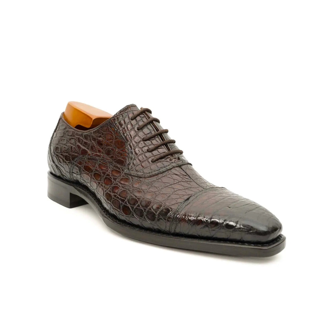 Dark Brown Textured Cap-Toe Oxford Shoe with Block Heel