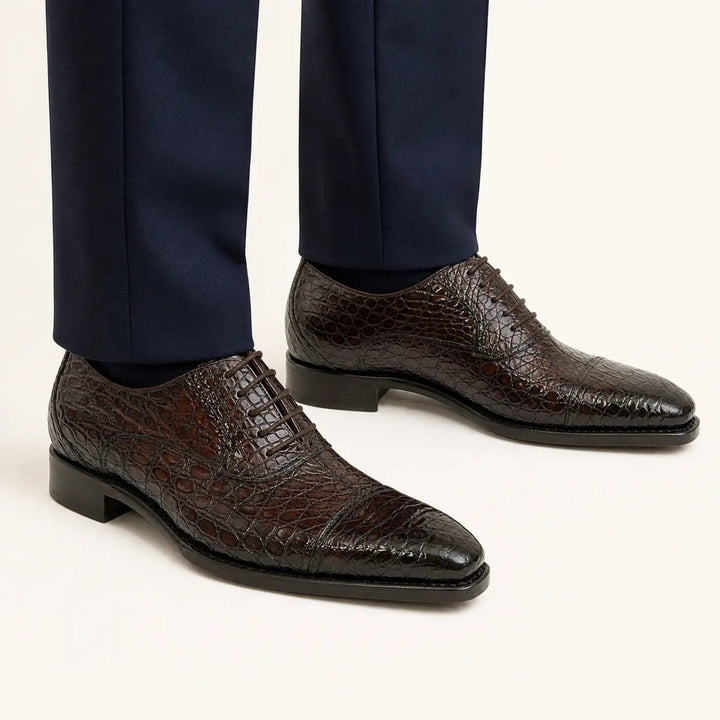 Dark Brown Textured Cap-Toe Oxford Shoe with Block Heel