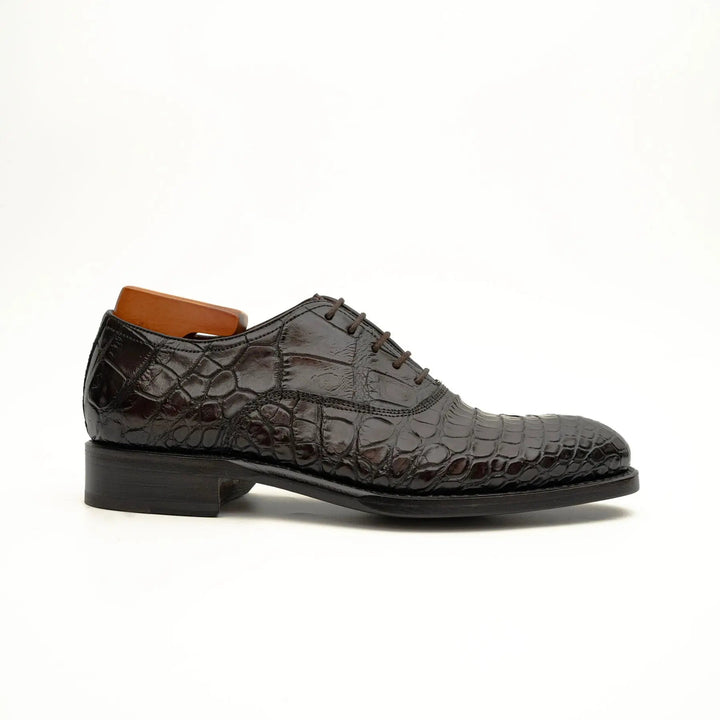 Dark Brown Plain-Toe Crocodile Leather Derby Shoes