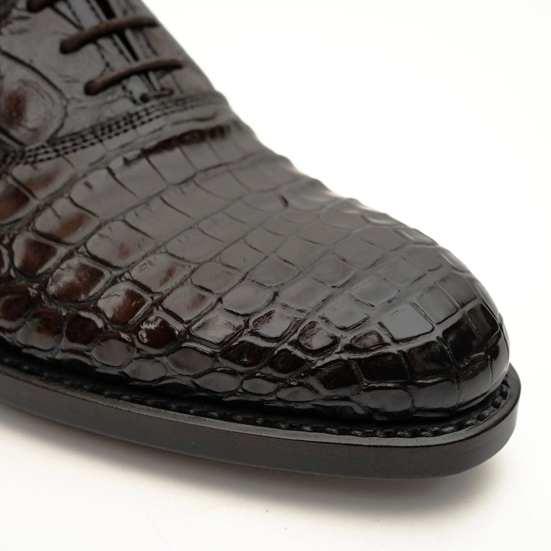 Dark Brown Plain-Toe Crocodile Leather Derby Shoes