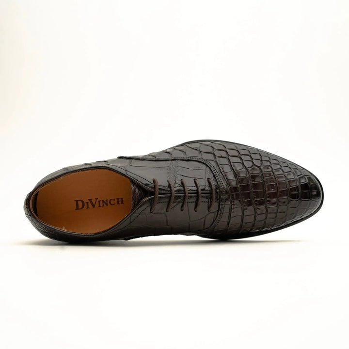 Dark Brown Plain-Toe Crocodile Leather Derby Shoes