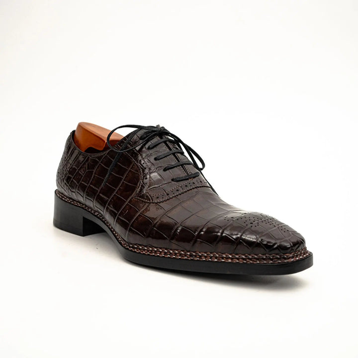 Dark Brown Plain-Toe Crocodile Leather Derby Shoes