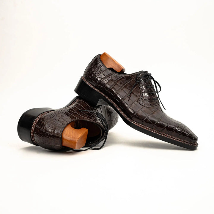 Dark Brown Plain-Toe Crocodile Leather Derby Shoes
