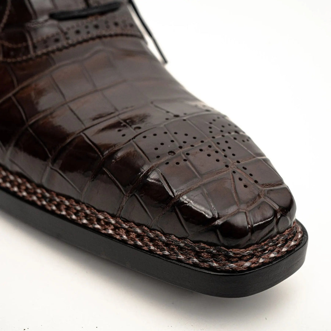 Dark Brown Plain-Toe Crocodile Leather Derby Shoes