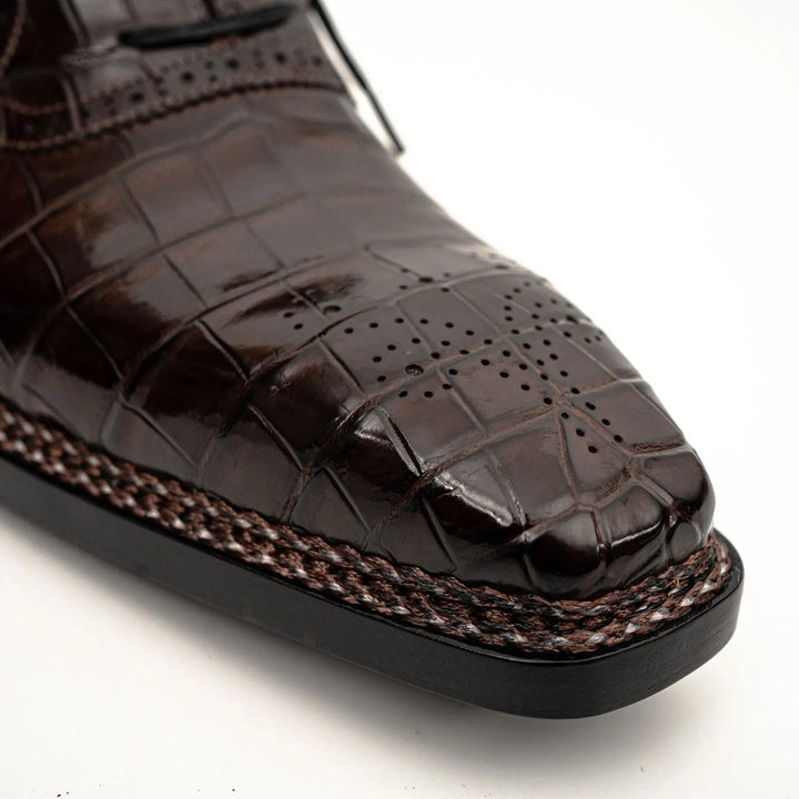 Dark Brown Plain-Toe Crocodile Leather Derby Shoes