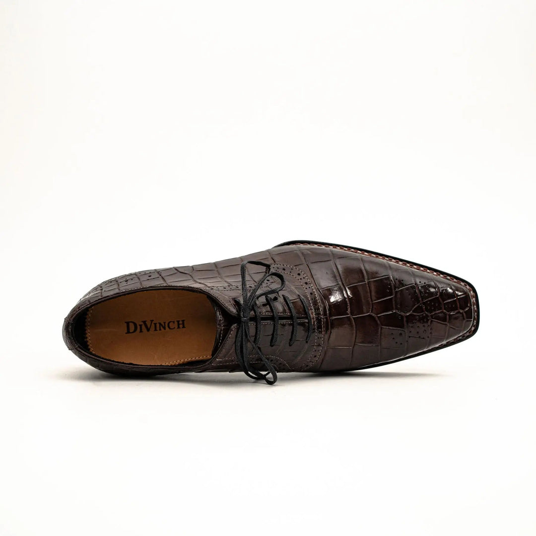 Dark Brown Plain-Toe Crocodile Leather Derby Shoes