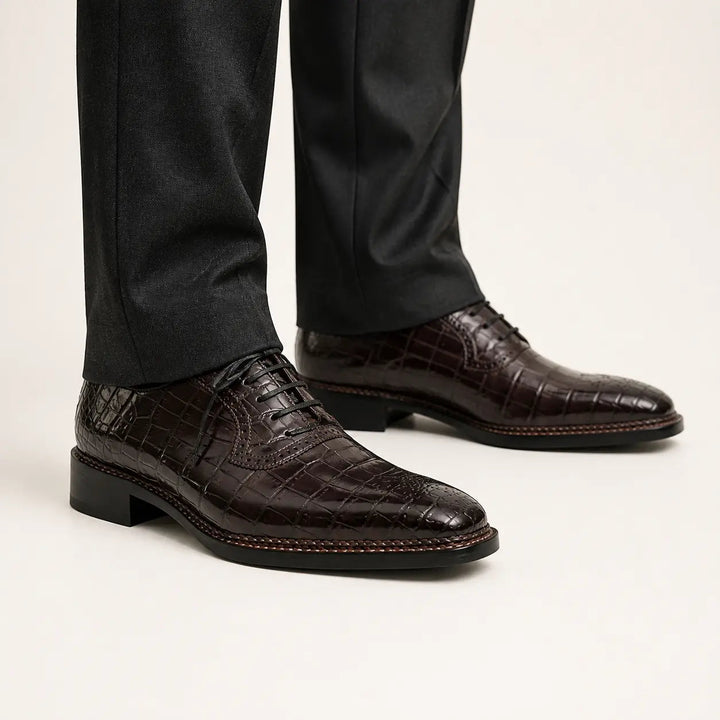 Dark Brown Plain-Toe Crocodile Leather Derby Shoes