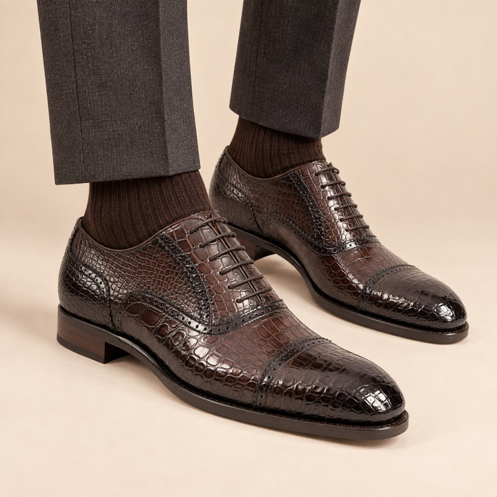 Dark Brown Crocodile Leather Cap-Toe Oxford Shoes
