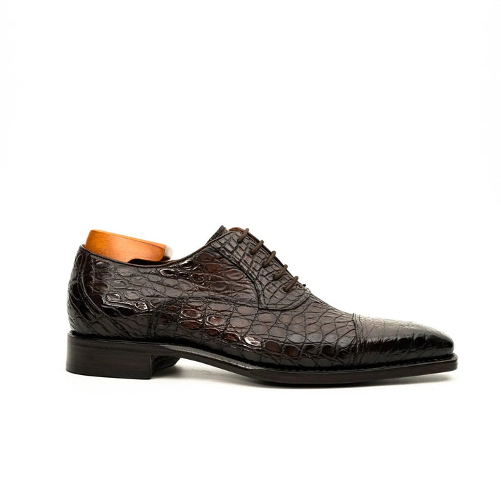 Dark Brown Cap-Toe Crocodile Leather Oxford Shoes