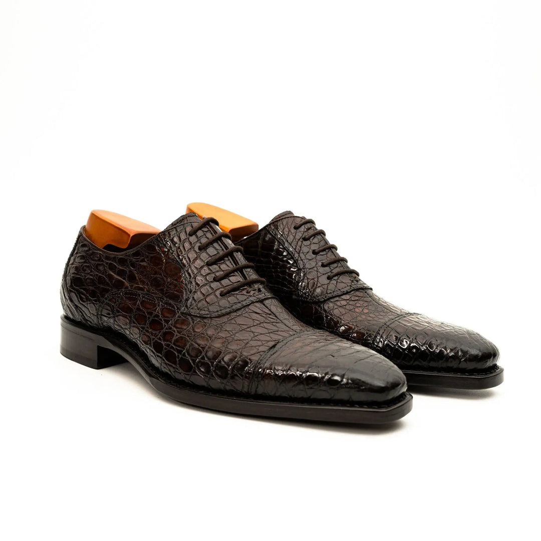 Dark Brown Cap-Toe Crocodile Leather Oxford Shoes