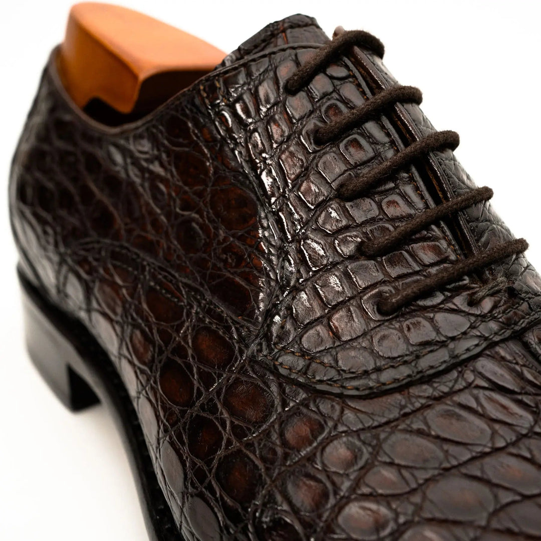 Dark Brown Cap-Toe Crocodile Leather Oxford Shoes