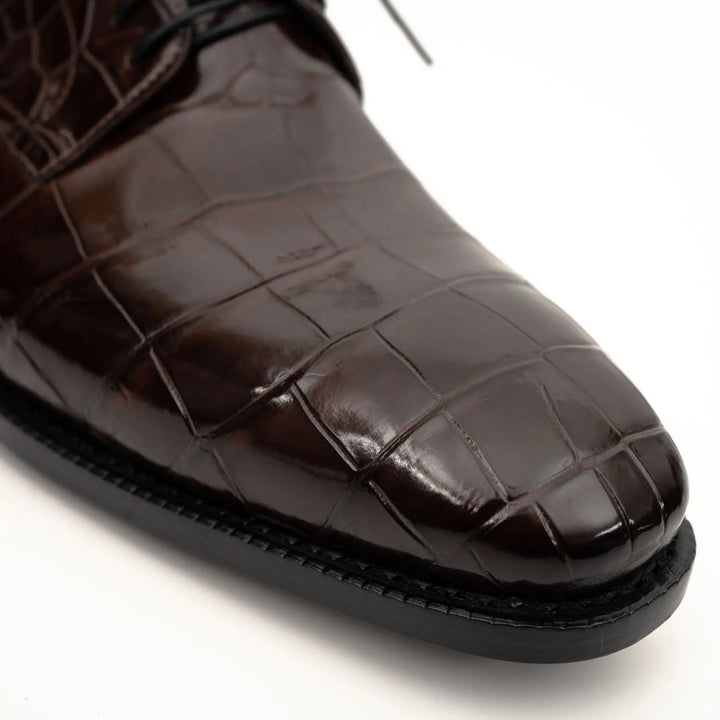 Dark Brown Plain-Toe Crocodile Leather Derby Shoes