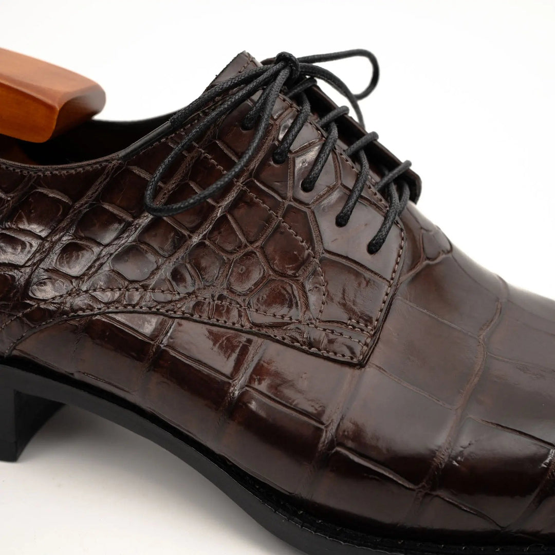 Dark Brown Plain-Toe Crocodile Leather Derby Shoes
