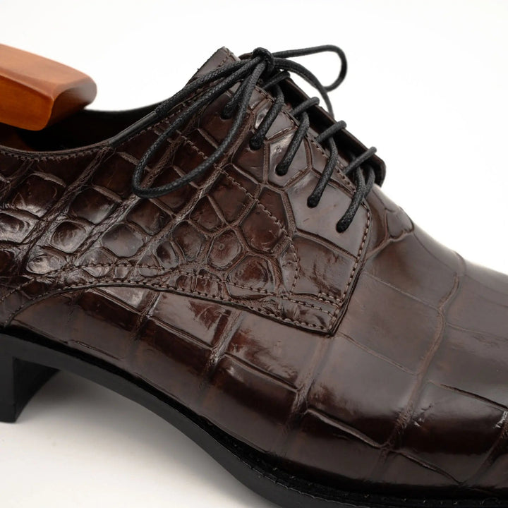 Dark Brown Plain-Toe Crocodile Leather Derby Shoes