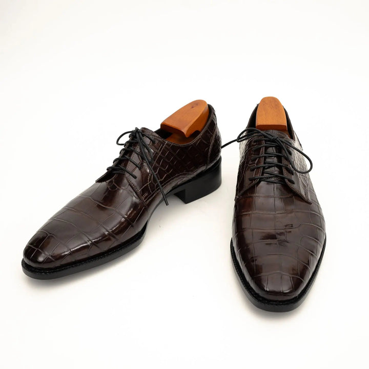Dark Brown Plain-Toe Crocodile Leather Derby Shoes
