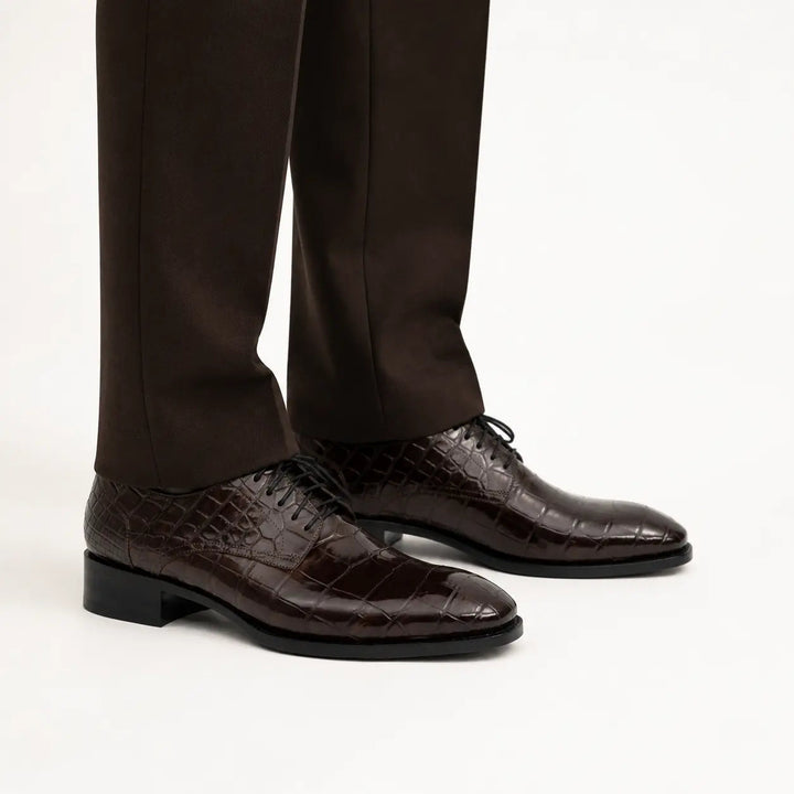 Dark Brown Plain-Toe Crocodile Leather Derby Shoes