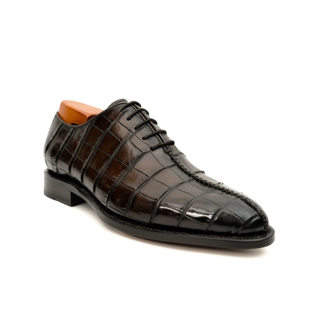 Dark Brown Square-Toe Crocodile Leather Oxford Shoes