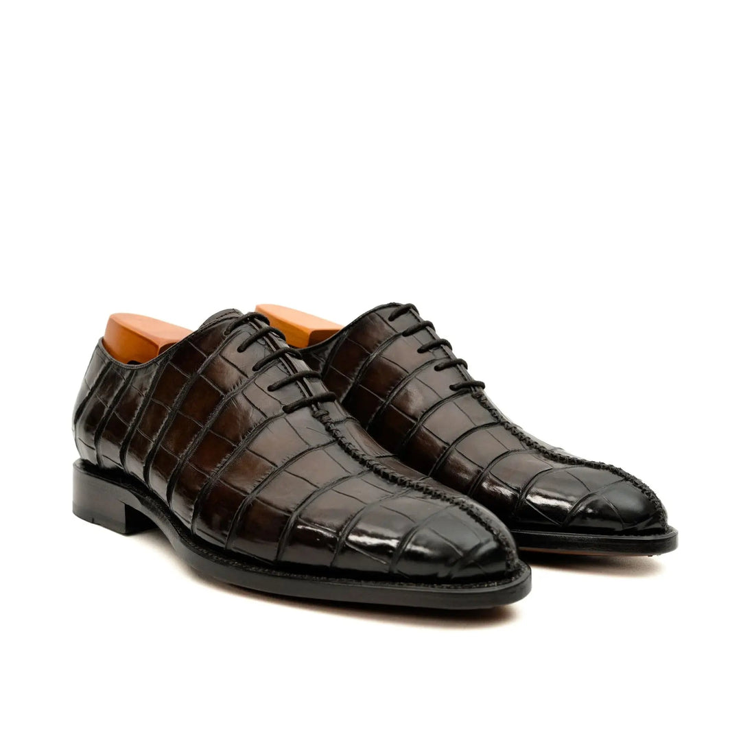 Dark Brown Square-Toe Crocodile Leather Oxford Shoes