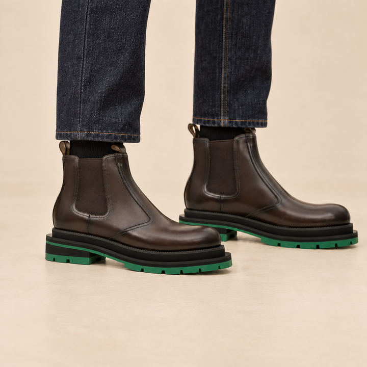 Dark Brown Glossy Platform Plain-Toe Chelsea Ankle Boot