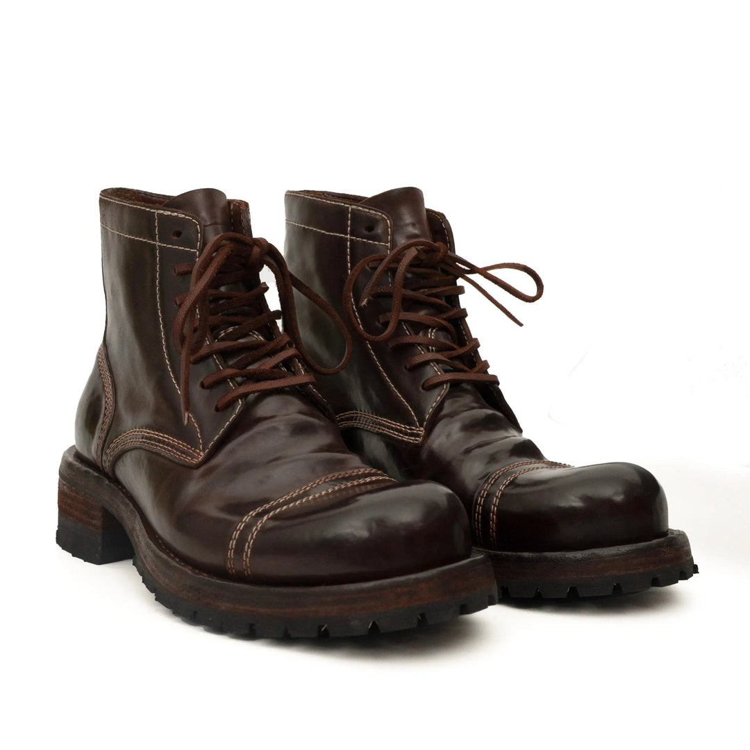 Dark Brown Cap-Toe Horse Butt Leather Ankle Boots