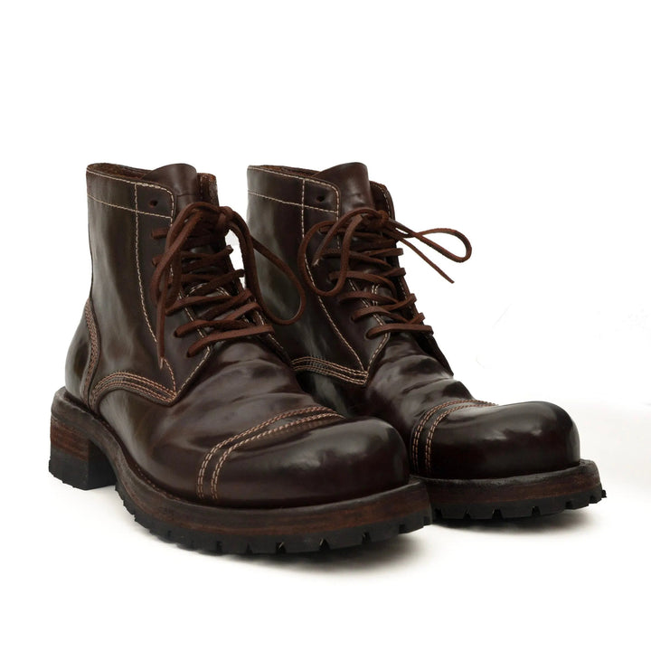 Dark Brown Cap-Toe Horse Butt Leather Ankle Boots